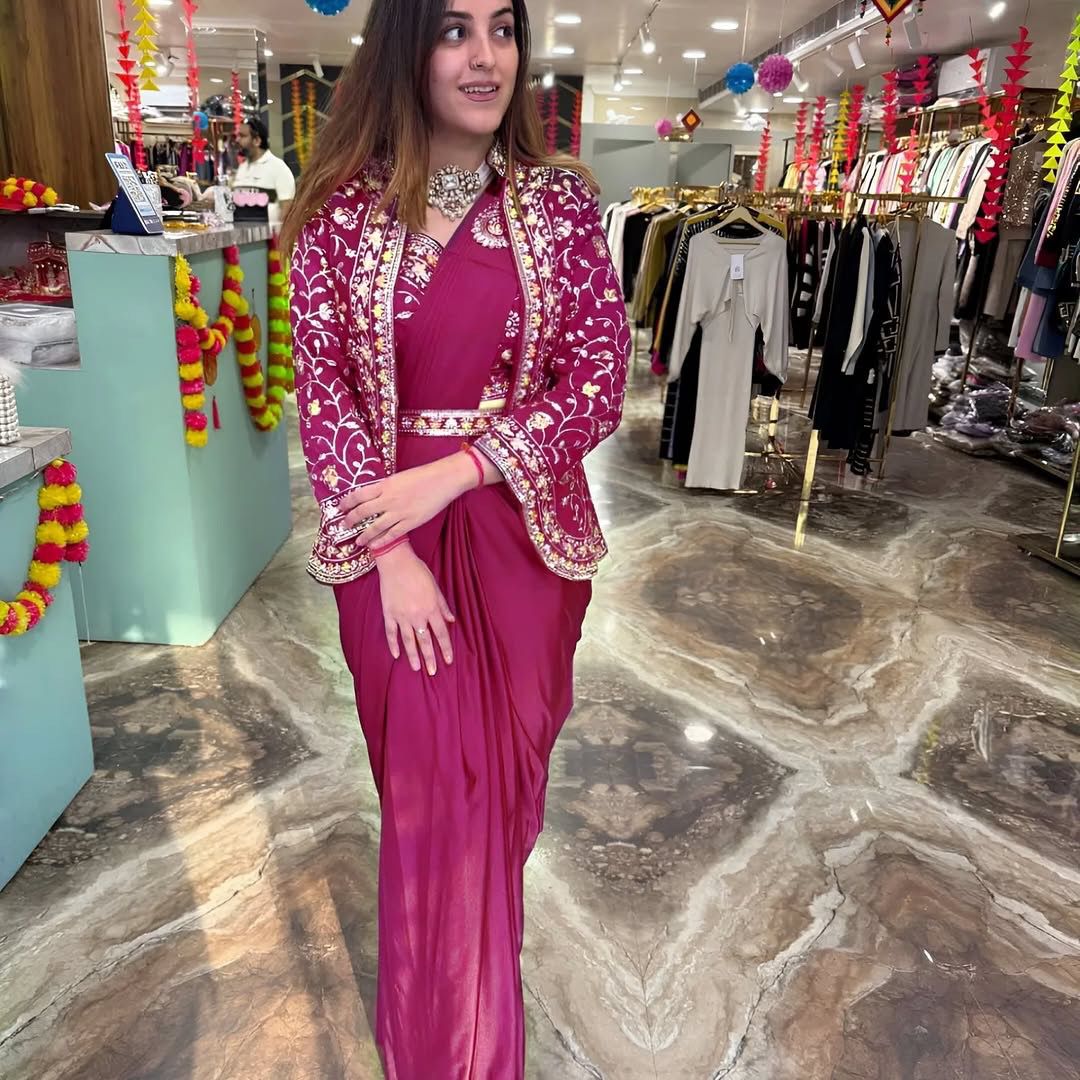 D 54 ✨ Designer Rani Drape Saree with Embroidered Jacket Set ✨💖 Rani Pink