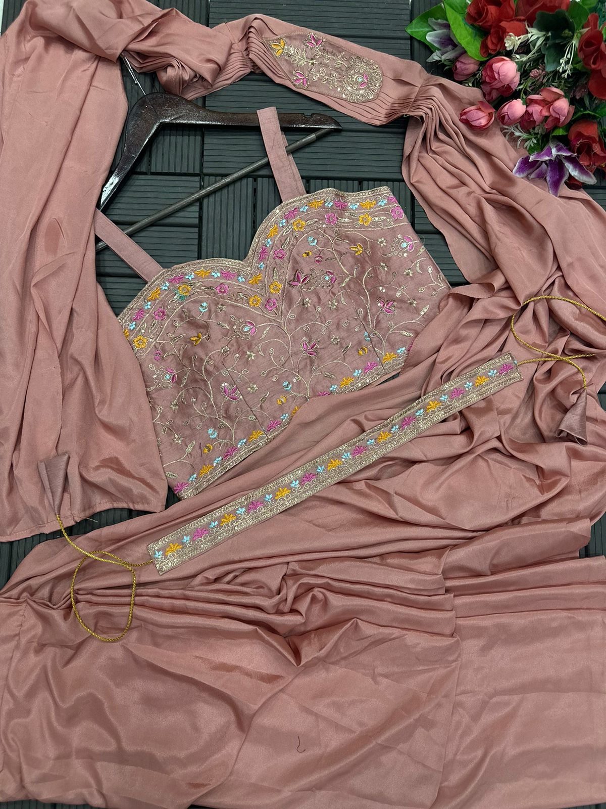 D 50 ✨ Designer Peach Drape Saree with Embroidered Jacket Set ✨🌸 Blush Peach