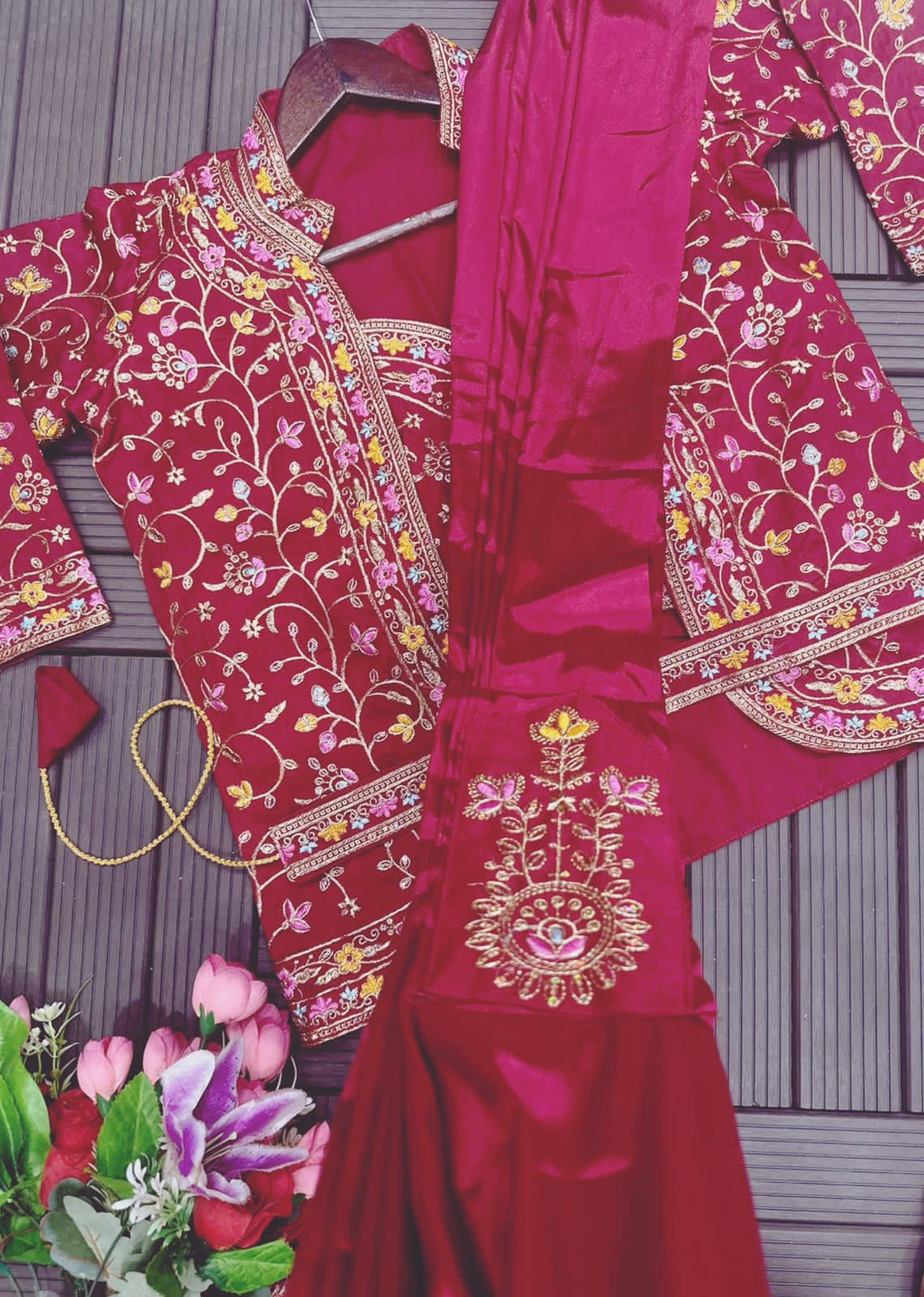 D 54 ✨ Designer Rani Drape Saree with Embroidered Jacket Set ✨💖 Rani Pink