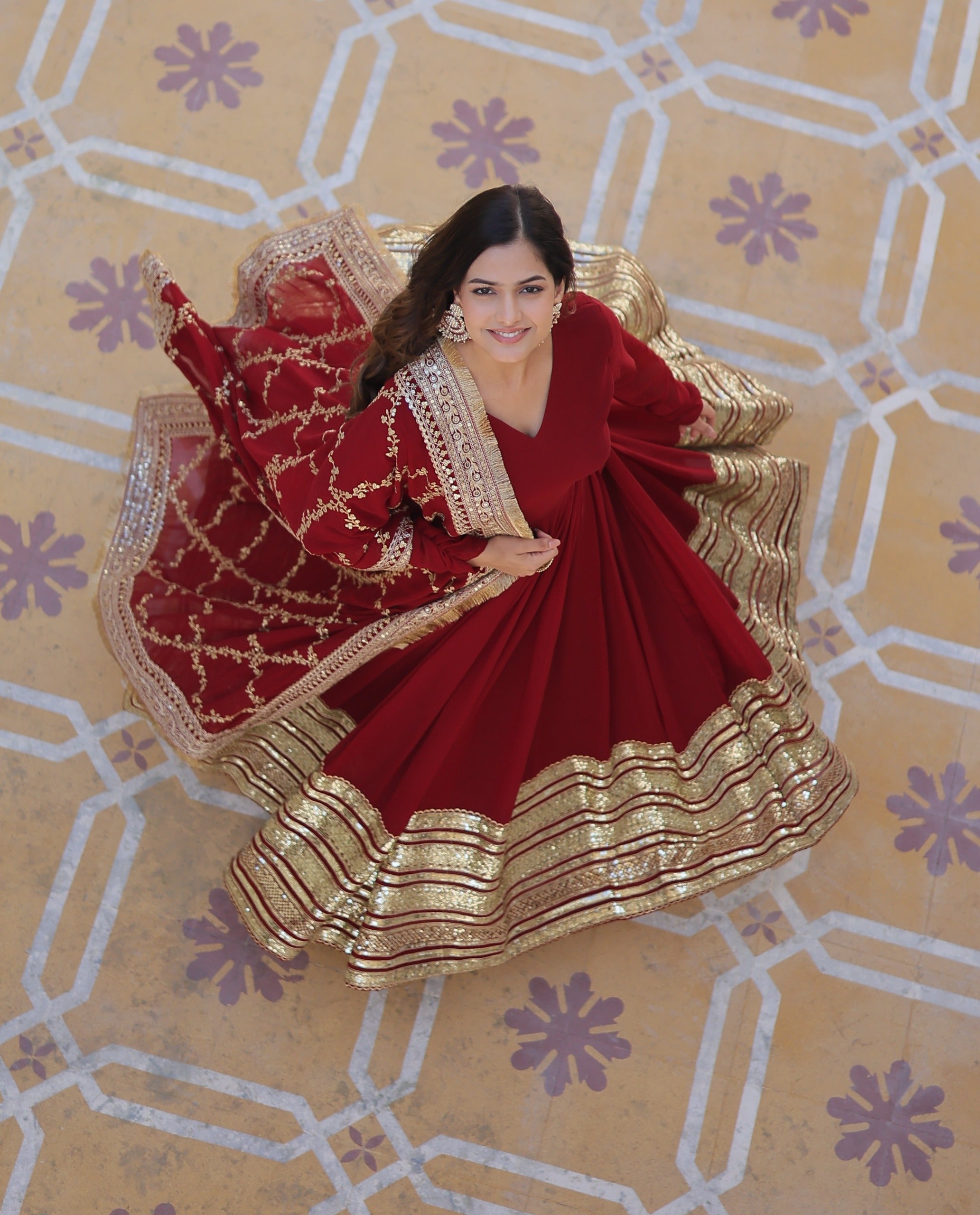 D 68 ✨ Royal Red Embroidered Anarkali Gown with Dupatta ✨