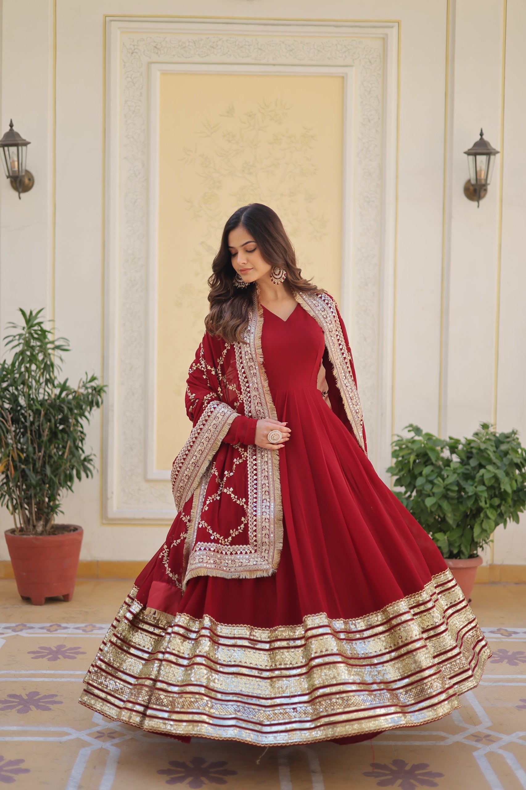 D 68 ✨ Royal Red Embroidered Anarkali Gown with Dupatta ✨