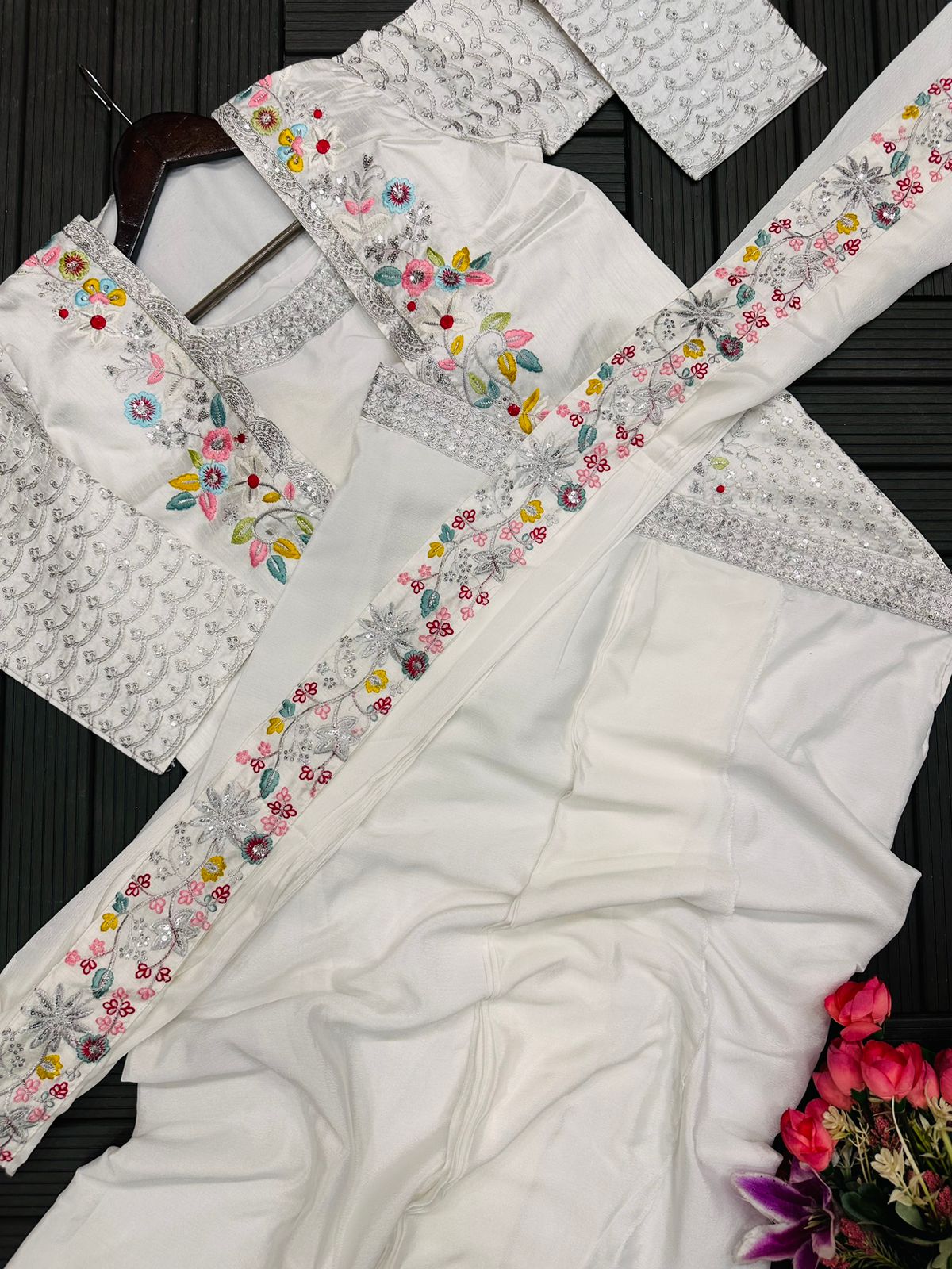 D 89 ✨ Elegant Ivory Designer Saree with Embroidered Jacket ✨