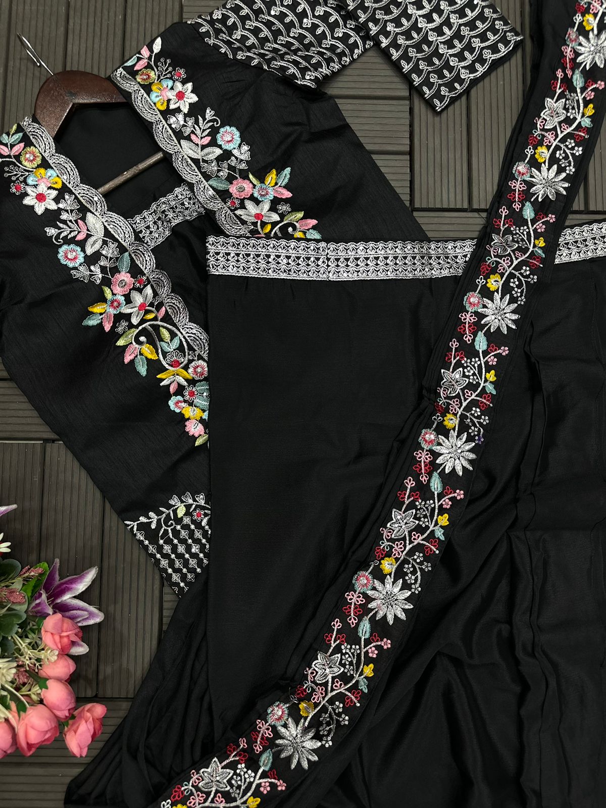 D 90🖤 Elegant Black Indo-Western Saree Set 🖤