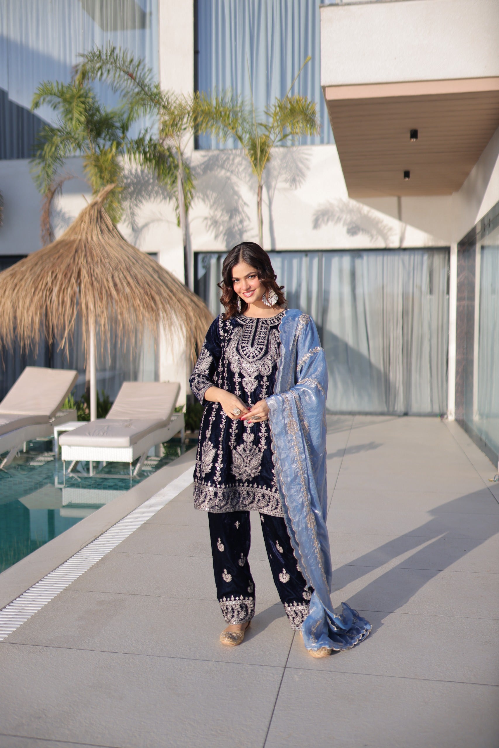 blue velvet Top-Pant With Dupatta