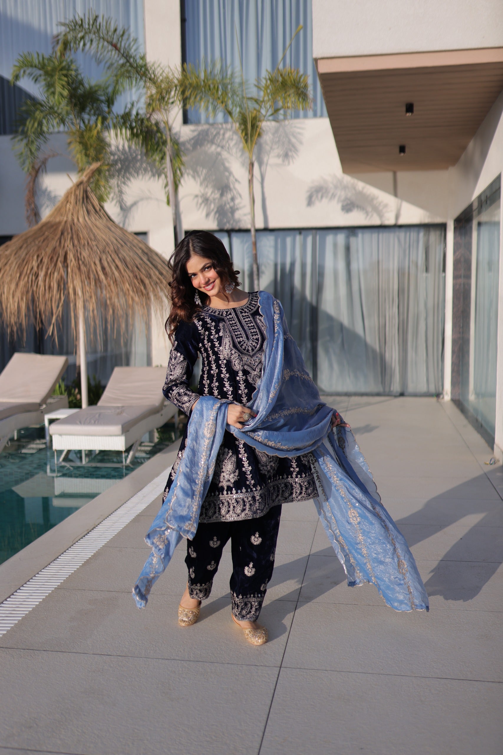 blue velvet Top-Pant With Dupatta