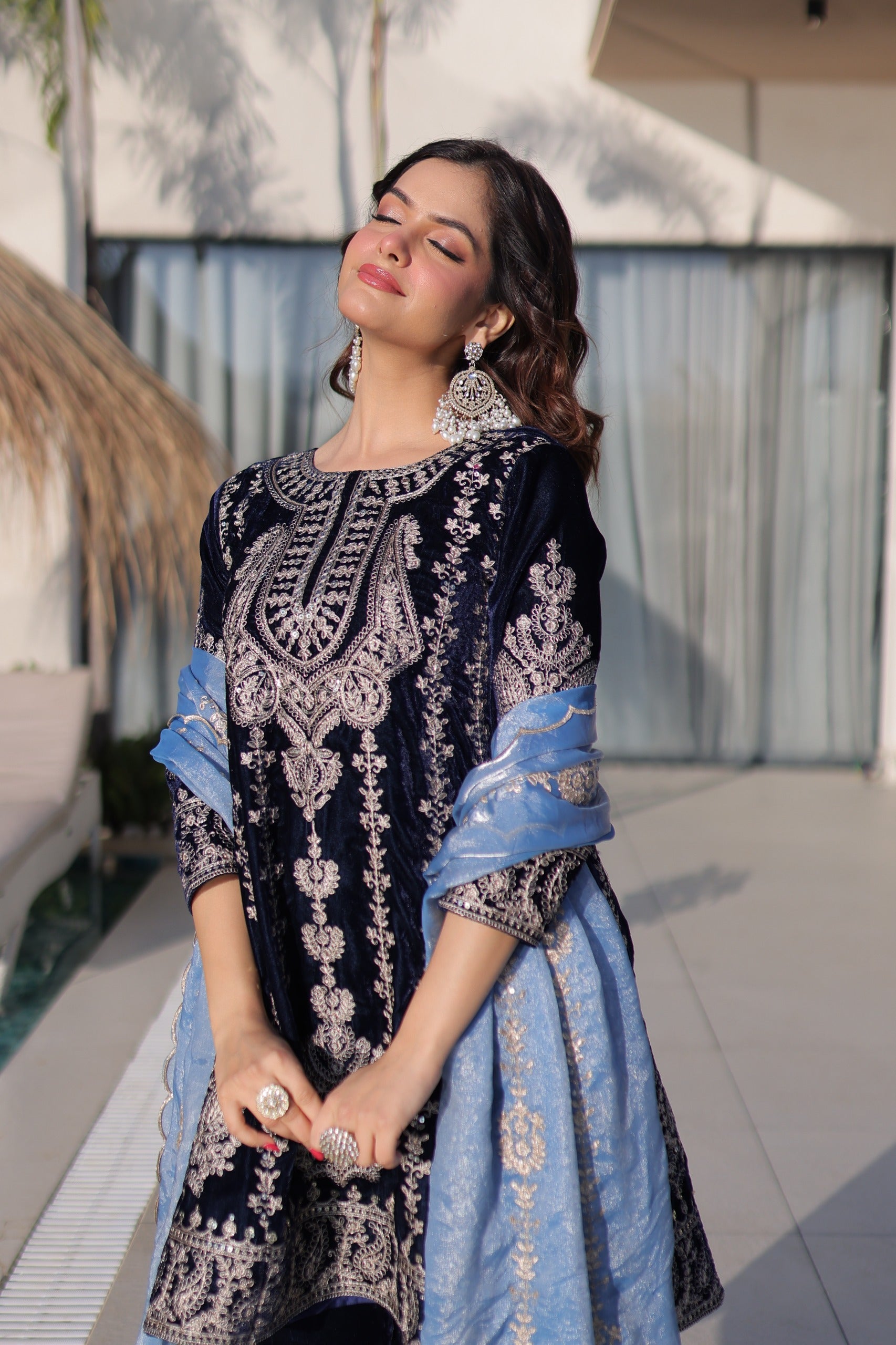 blue velvet Top-Pant With Dupatta