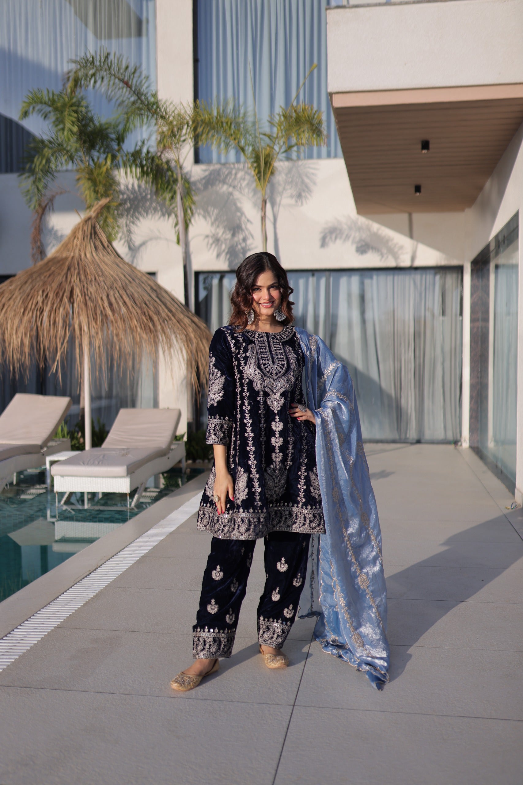 blue velvet Top-Pant With Dupatta