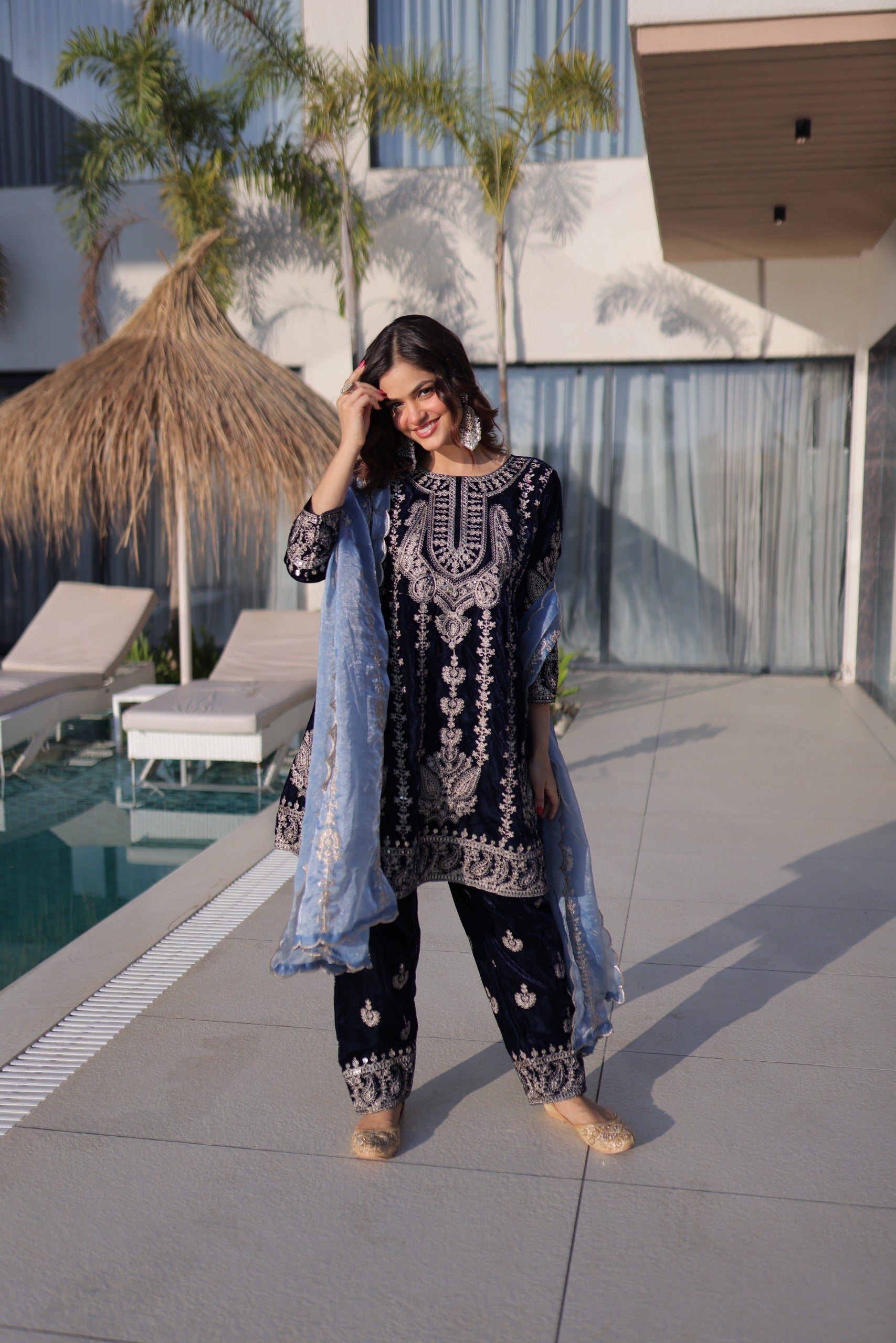 blue velvet Top-Pant With Dupatta