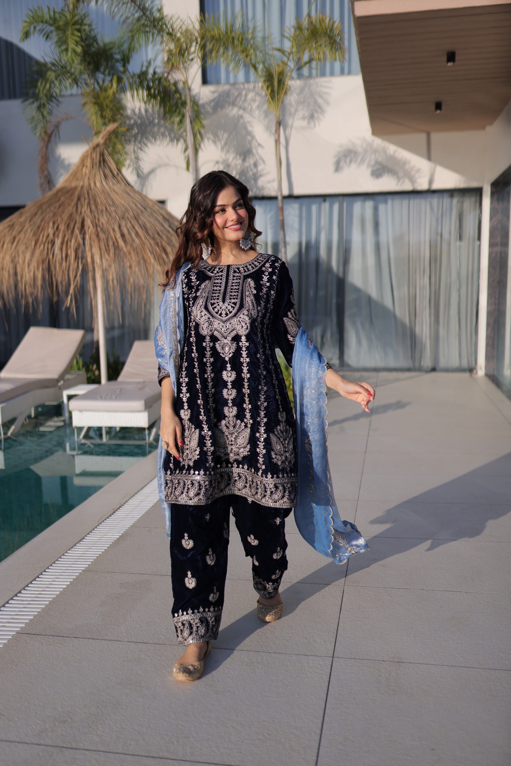 blue velvet Top-Pant With Dupatta