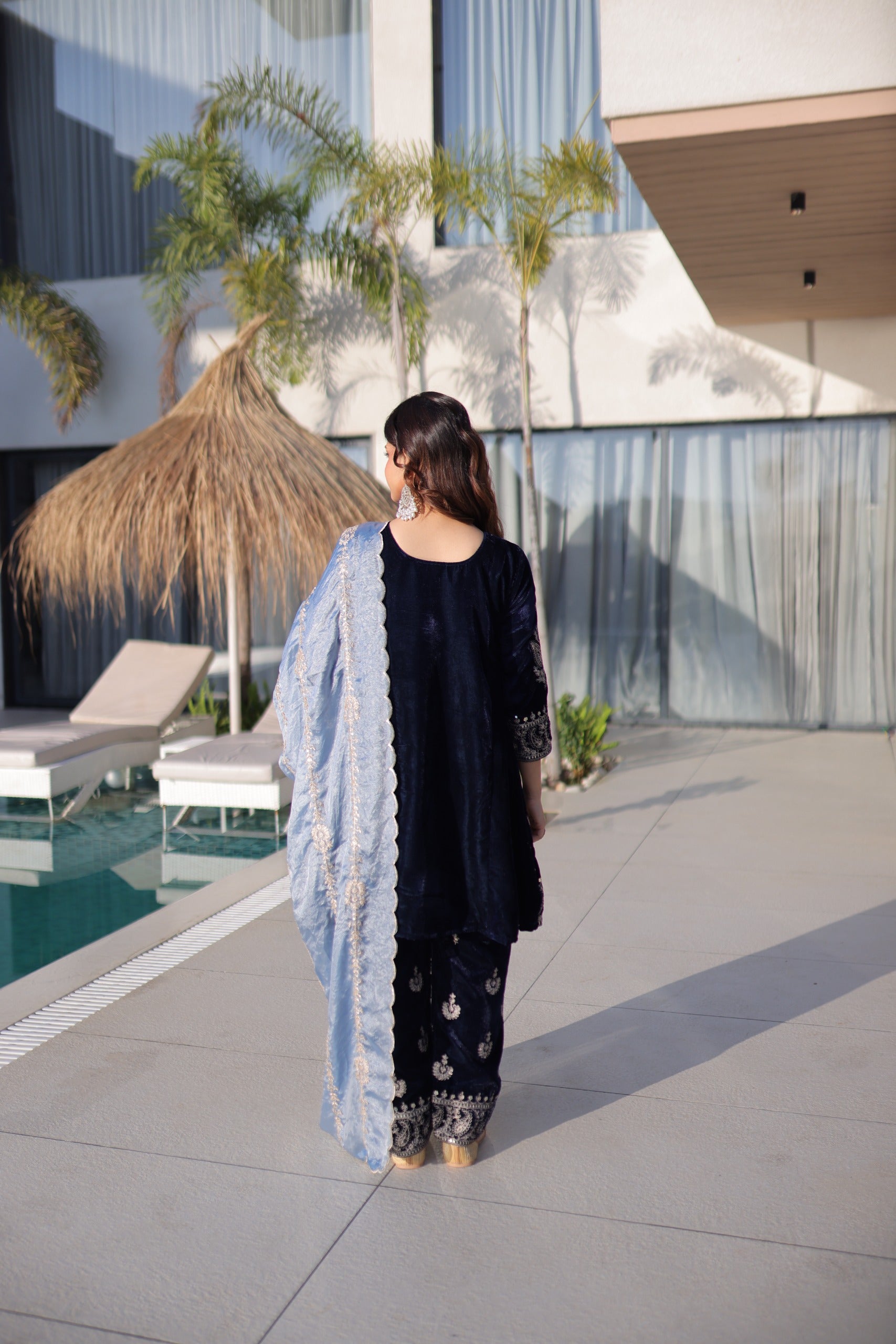 blue velvet Top-Pant With Dupatta
