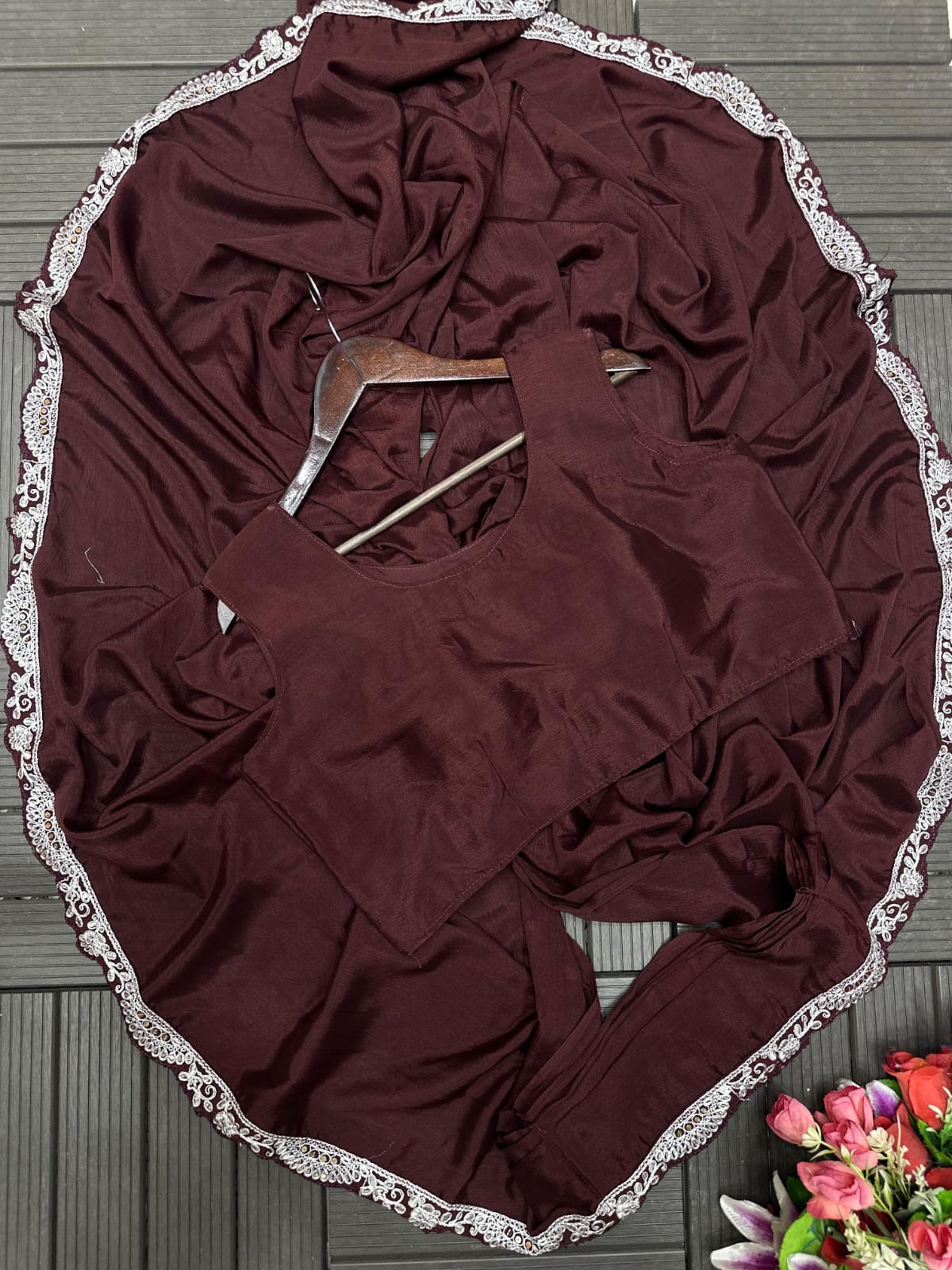 D 86 ✨ Royal Chocolate Brown Designer Saree Set ✨