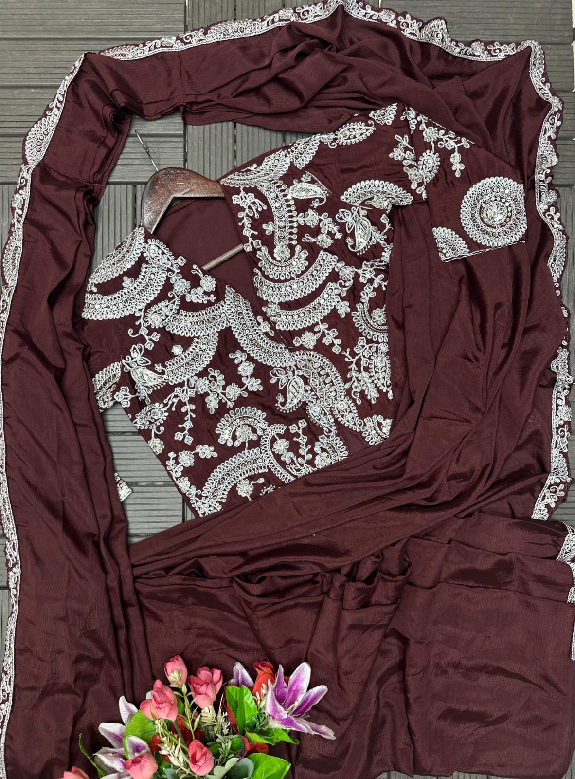 D 86 ✨ Royal Chocolate Brown Designer Saree Set ✨