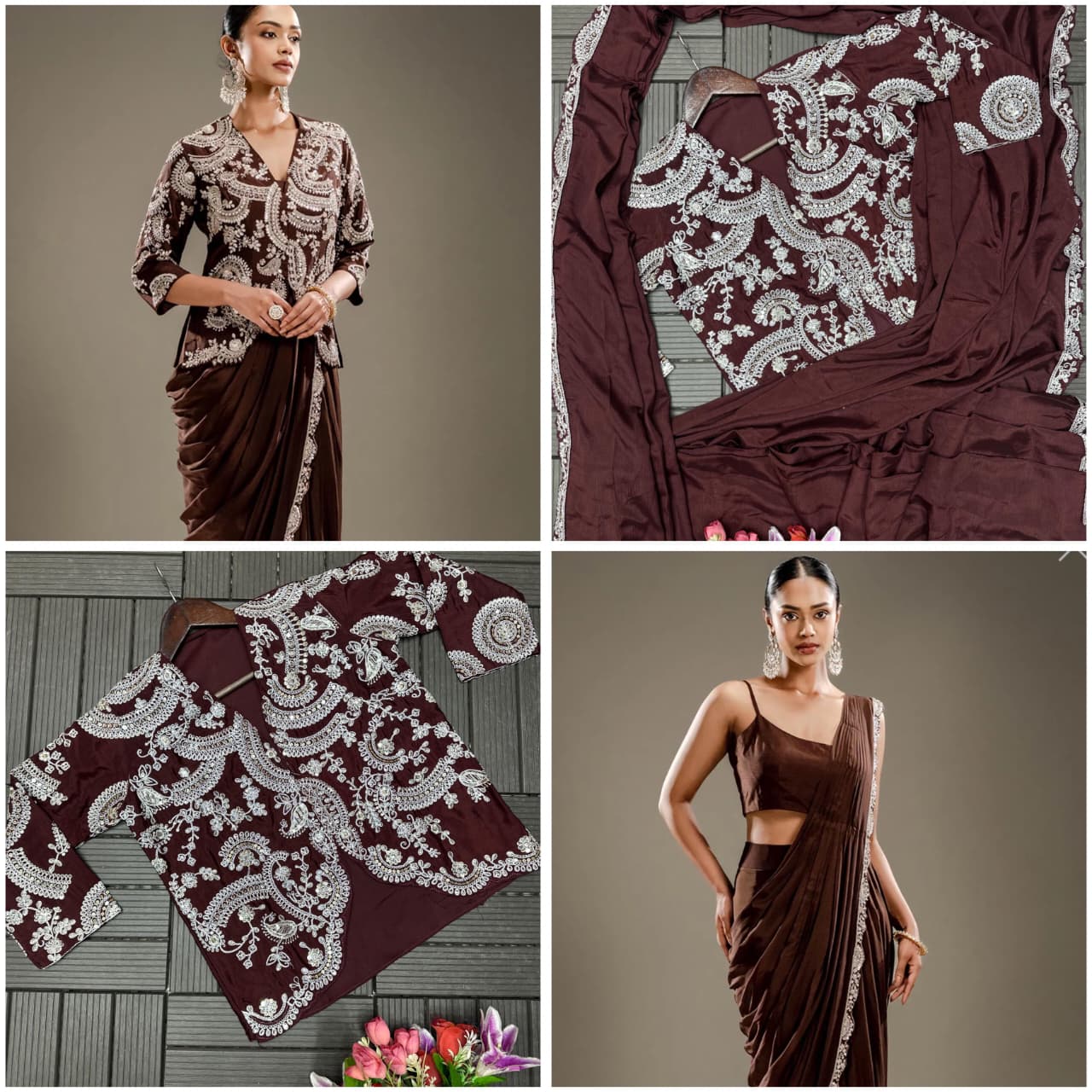 D 86 ✨ Royal Chocolate Brown Designer Saree Set ✨