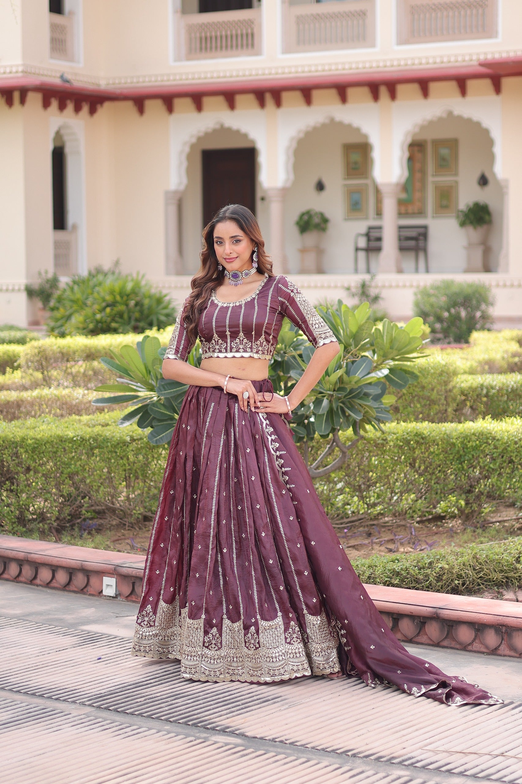 D 42 🤎 Royal Wine Embroidered Lehenga Choli Set 🤎