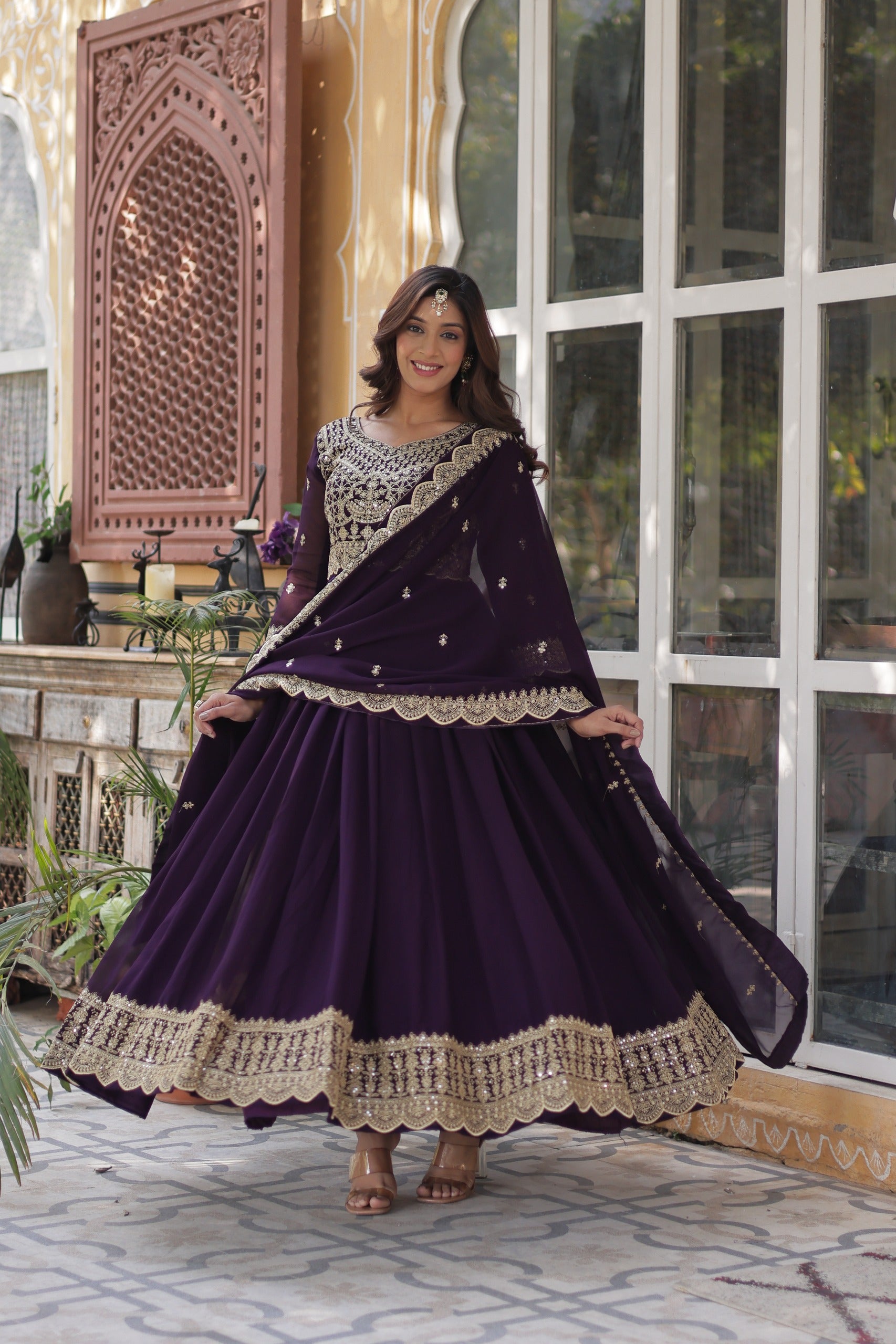 D 39 💜 Royal Purple Embroidered Anarkali Gown Set 💜