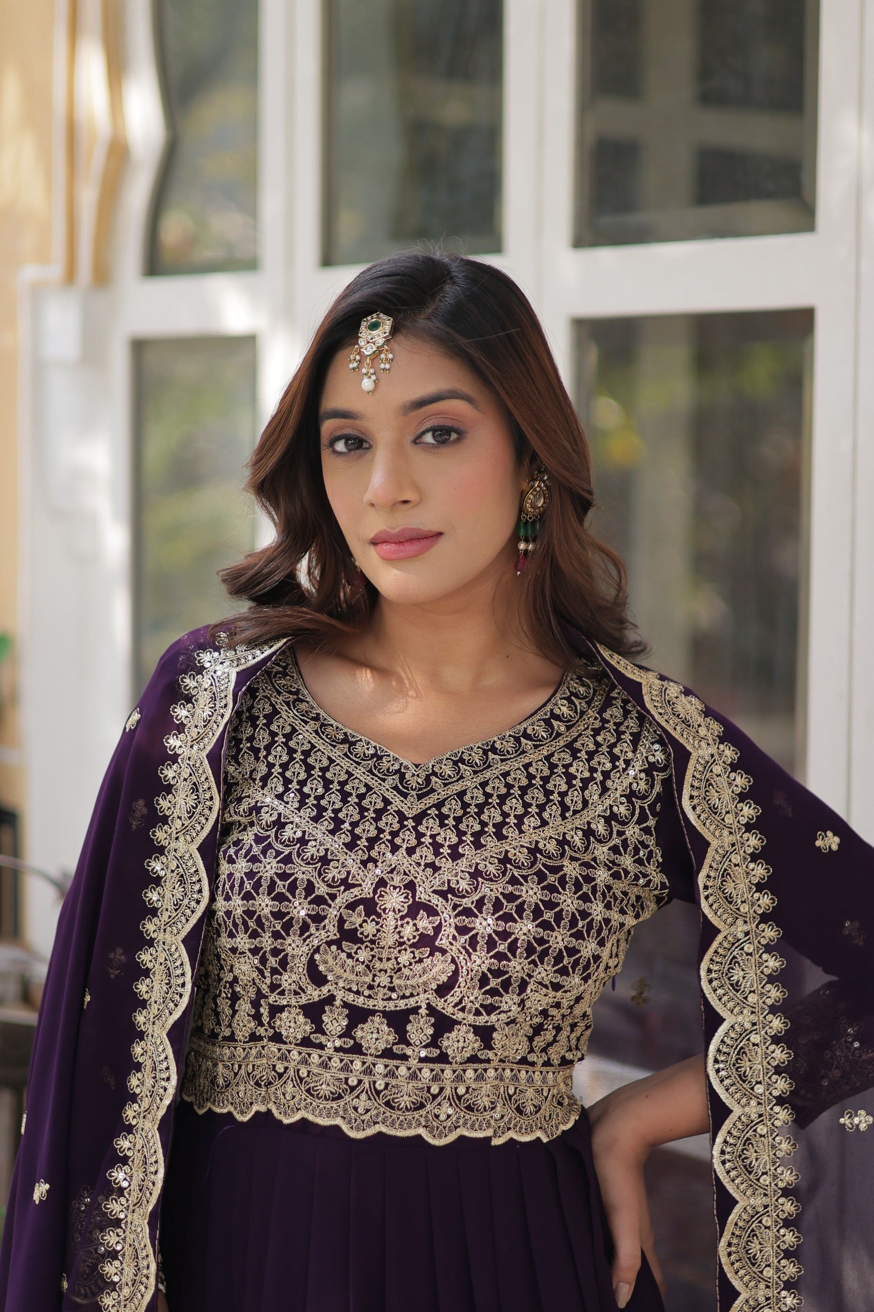 D 39 💜 Royal Purple Embroidered Anarkali Gown Set 💜