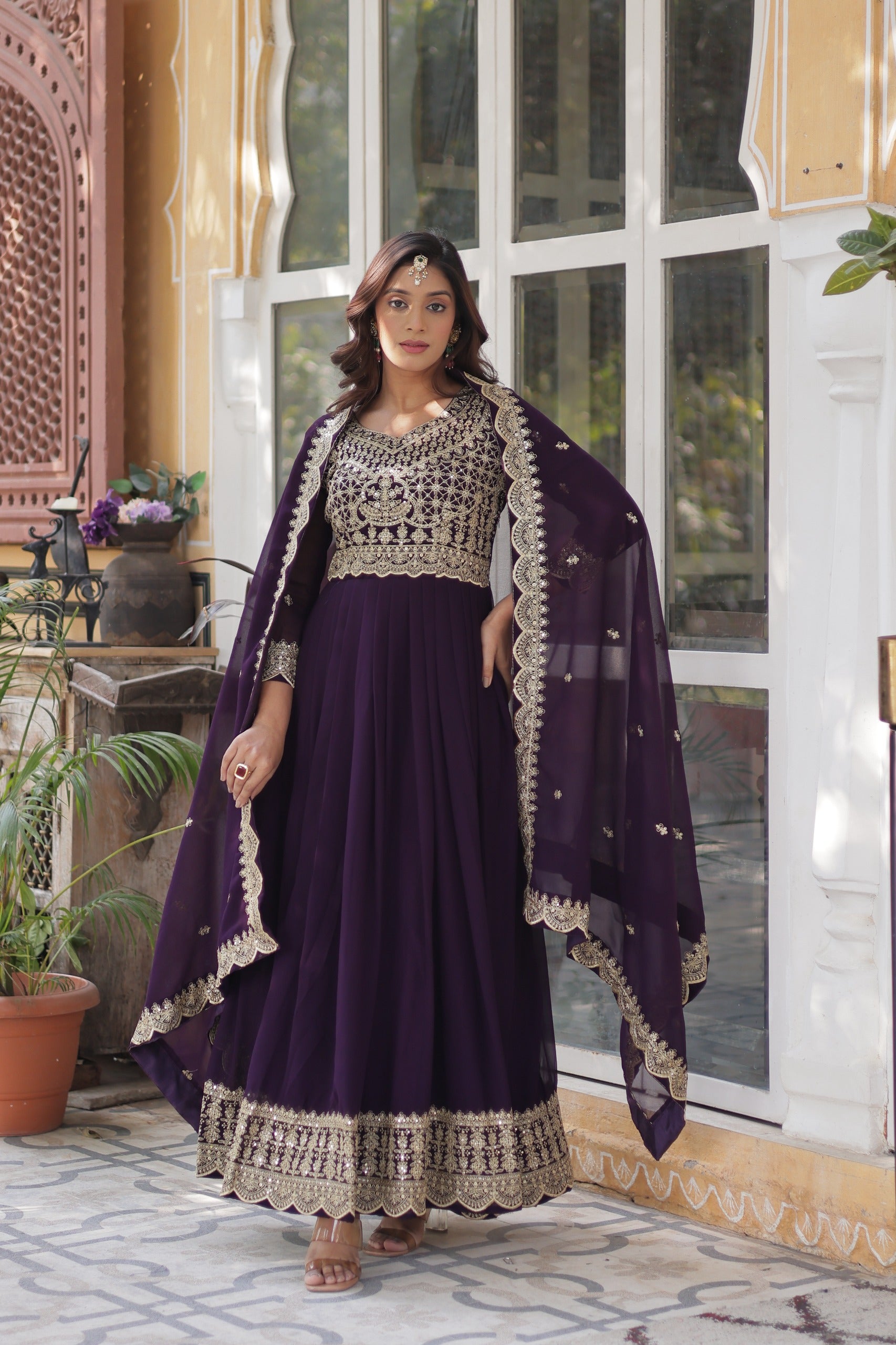 D 39 💜 Royal Purple Embroidered Anarkali Gown Set 💜