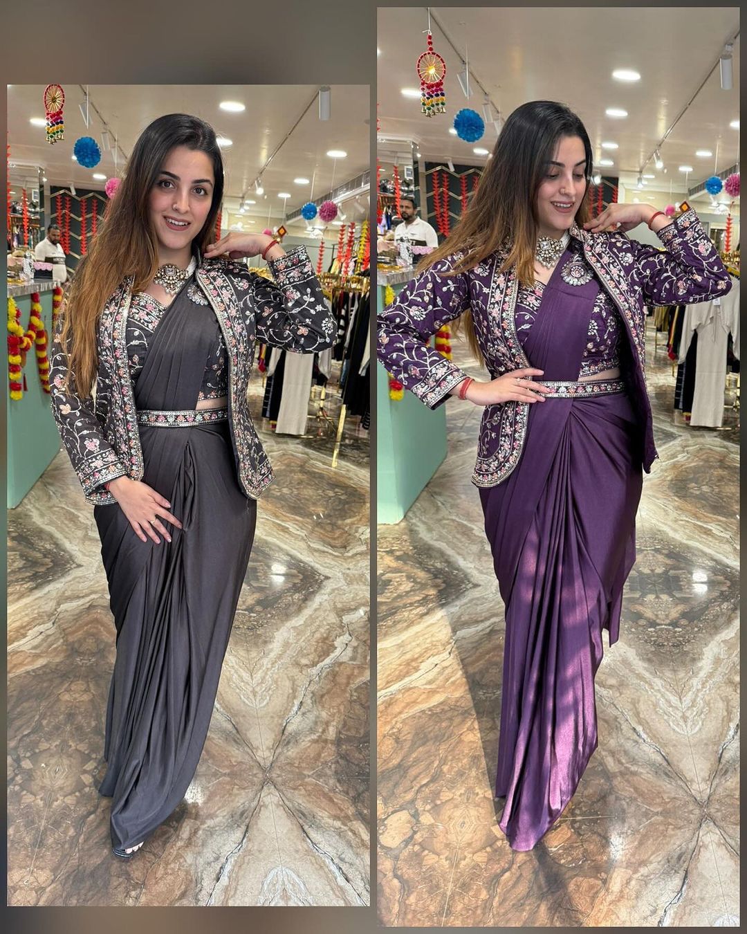 D 52 🖤 Grey Indo-Western Saree Look