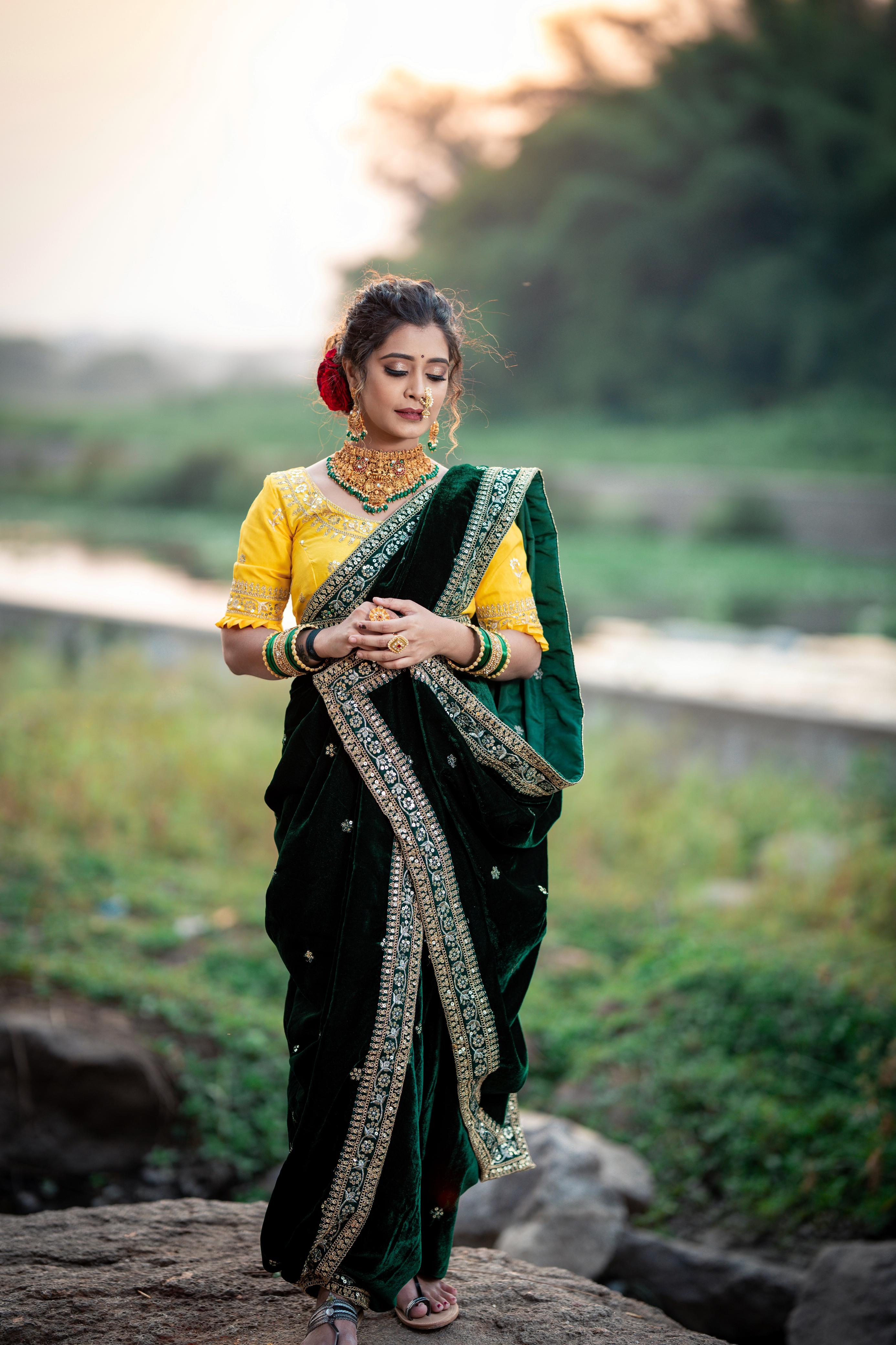 D 93 💚 Royal Green Velvet Saree with Yellow Blouse 💛