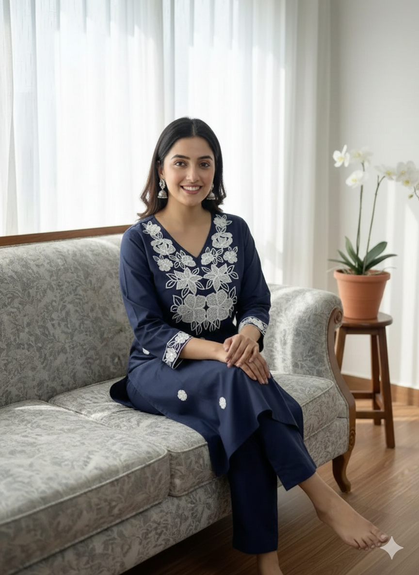 D 79  💙 Bella Boutiques – Newly Launched Khadi Cotton Chikankari Kurti Set 💙