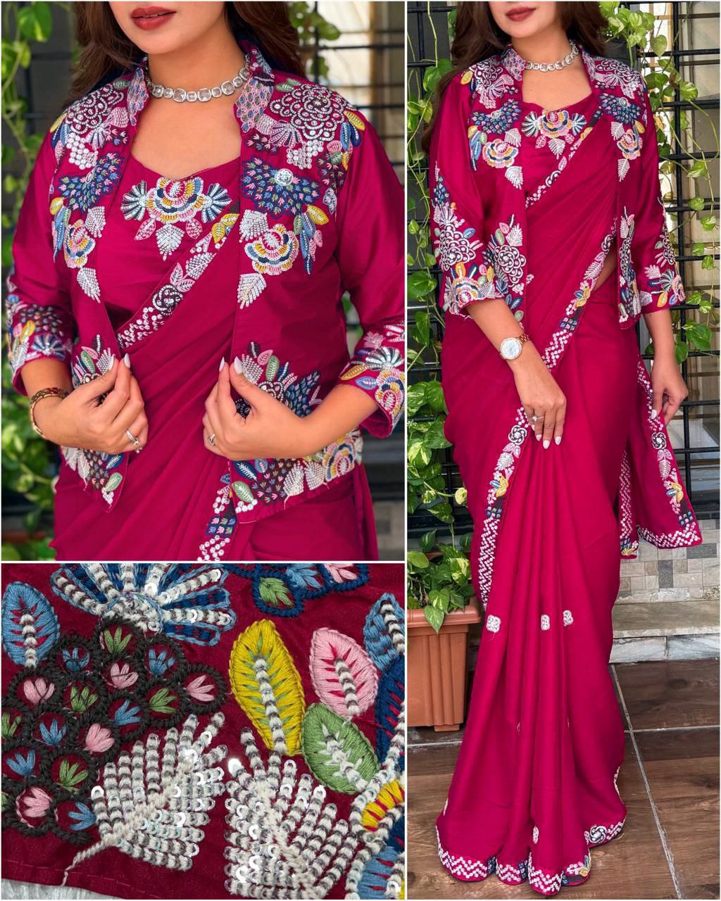 Rani Pink Embroidered Saree