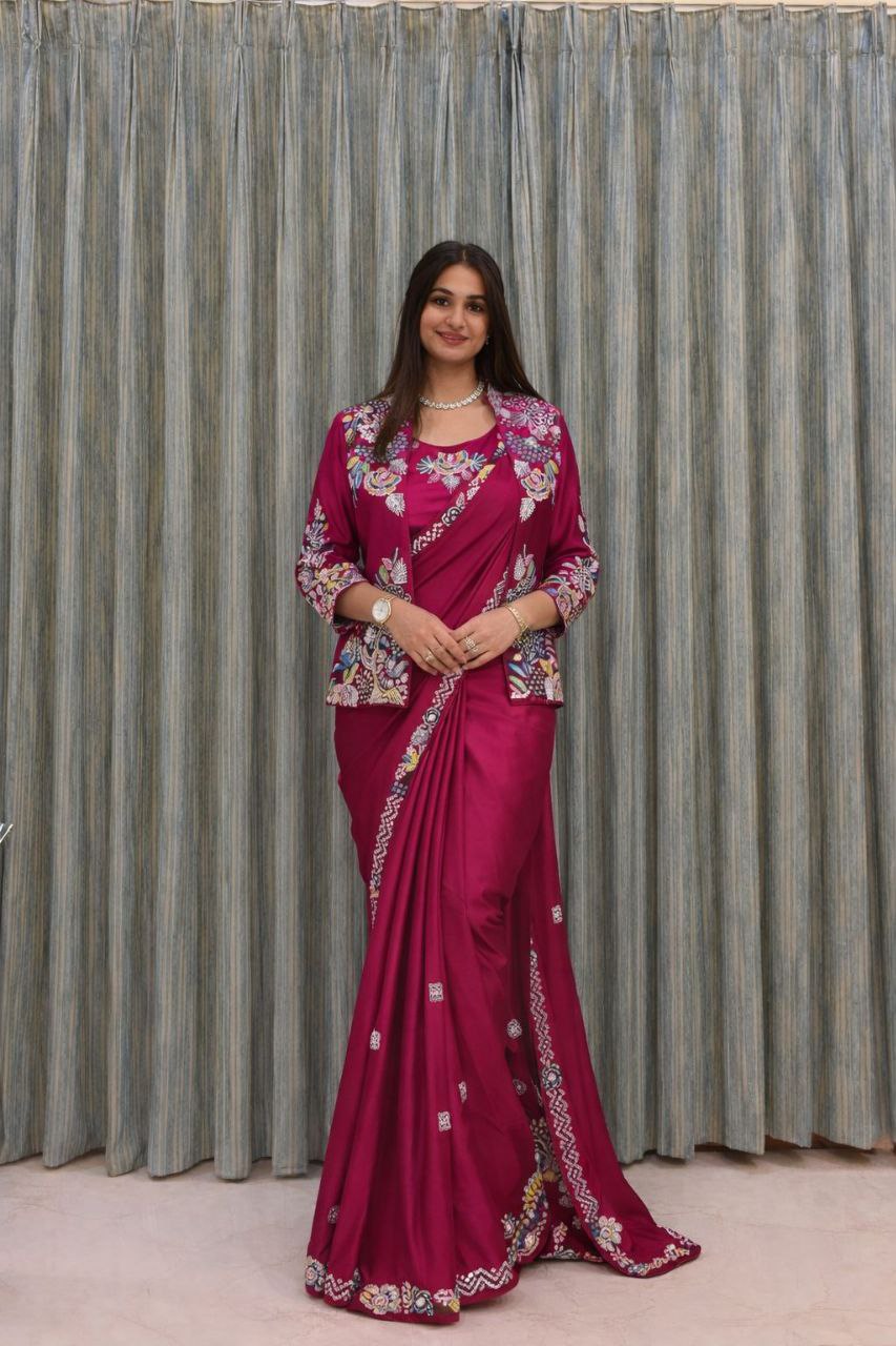 Rani Pink Embroidered Saree