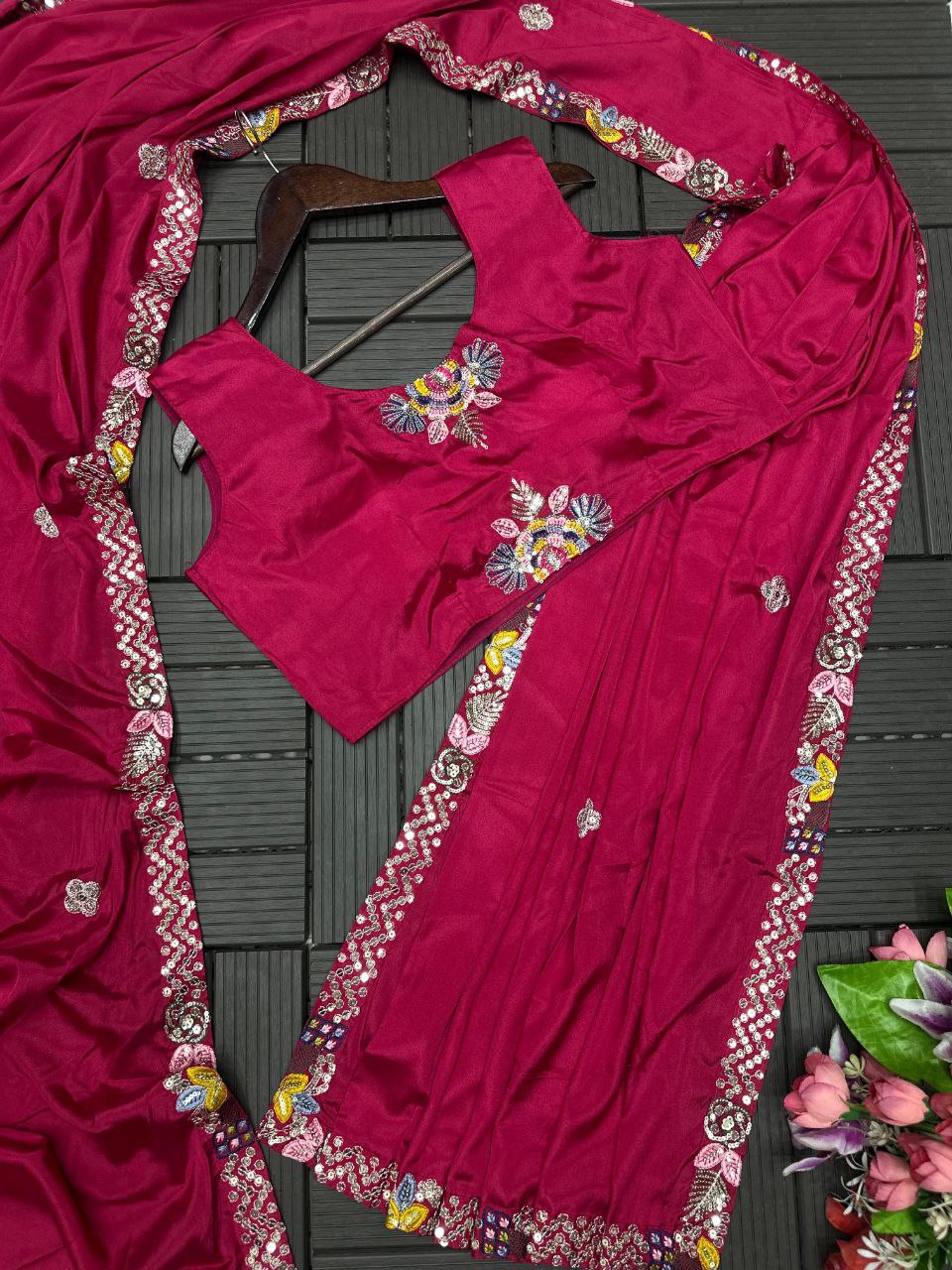 Rani Pink Embroidered Saree