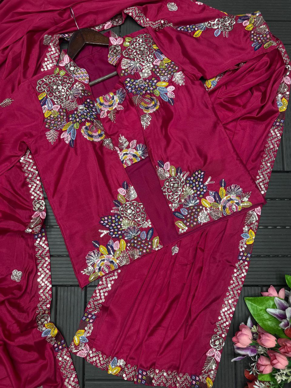 Rani Pink Embroidered Saree