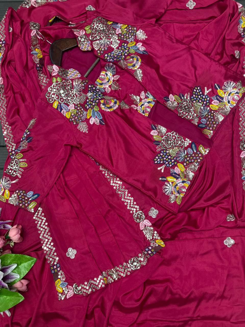 Rani Pink Embroidered Saree