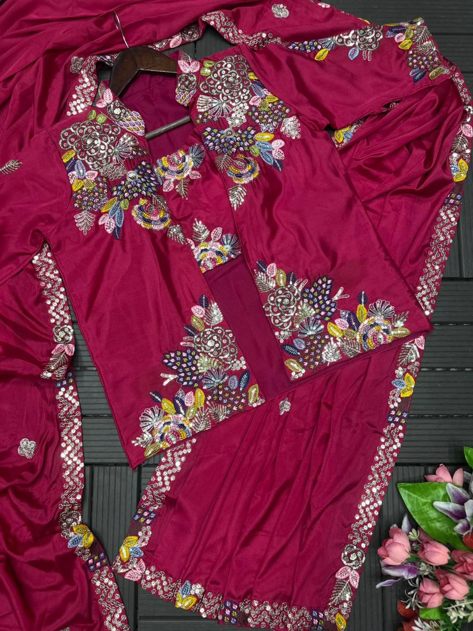 Rani Pink Embroidered Saree