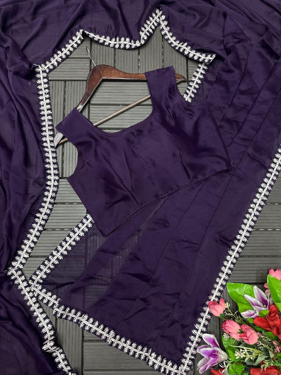 D 34 💜 Elegant Purple Saree with Designer Embroidered Jacket