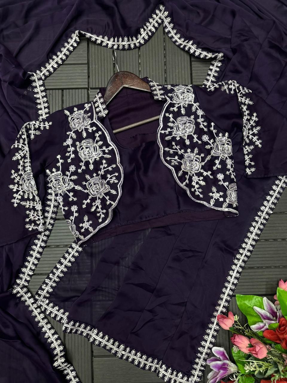 D 34 💜 Elegant Purple Saree with Designer Embroidered Jacket