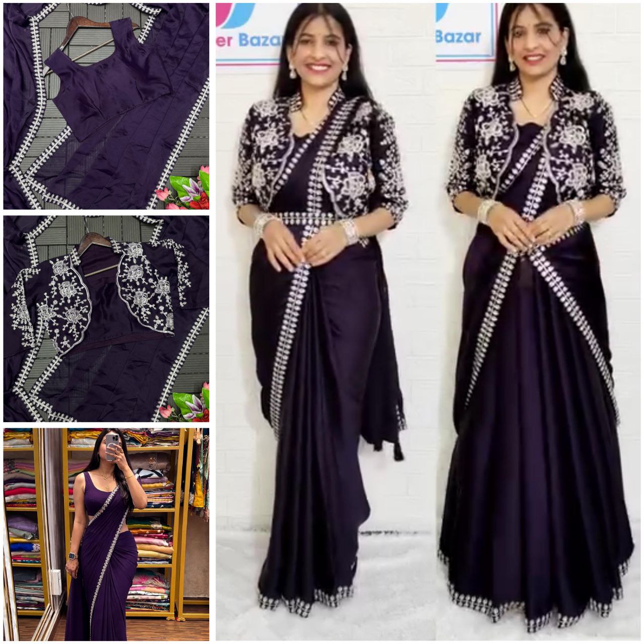 D 34 💜 Elegant Purple Saree with Designer Embroidered Jacket