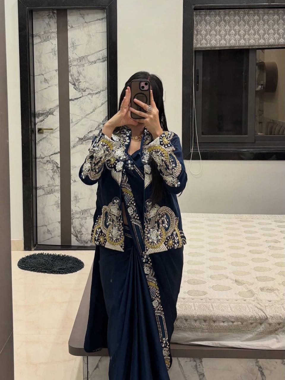 D 44 💙  Navy Blue Embellished Jacket Saree