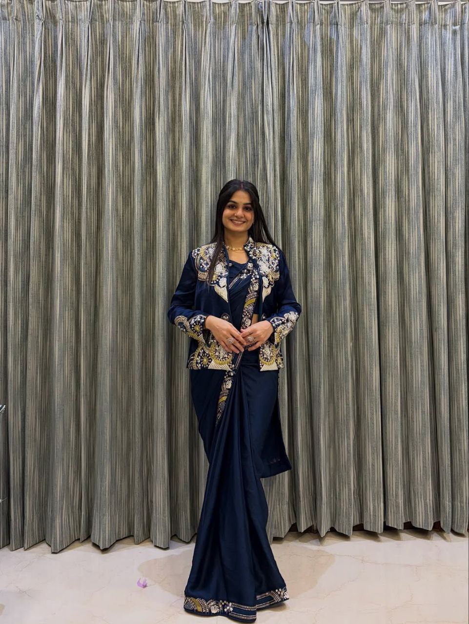 D 44 💙  Navy Blue Embellished Jacket Saree