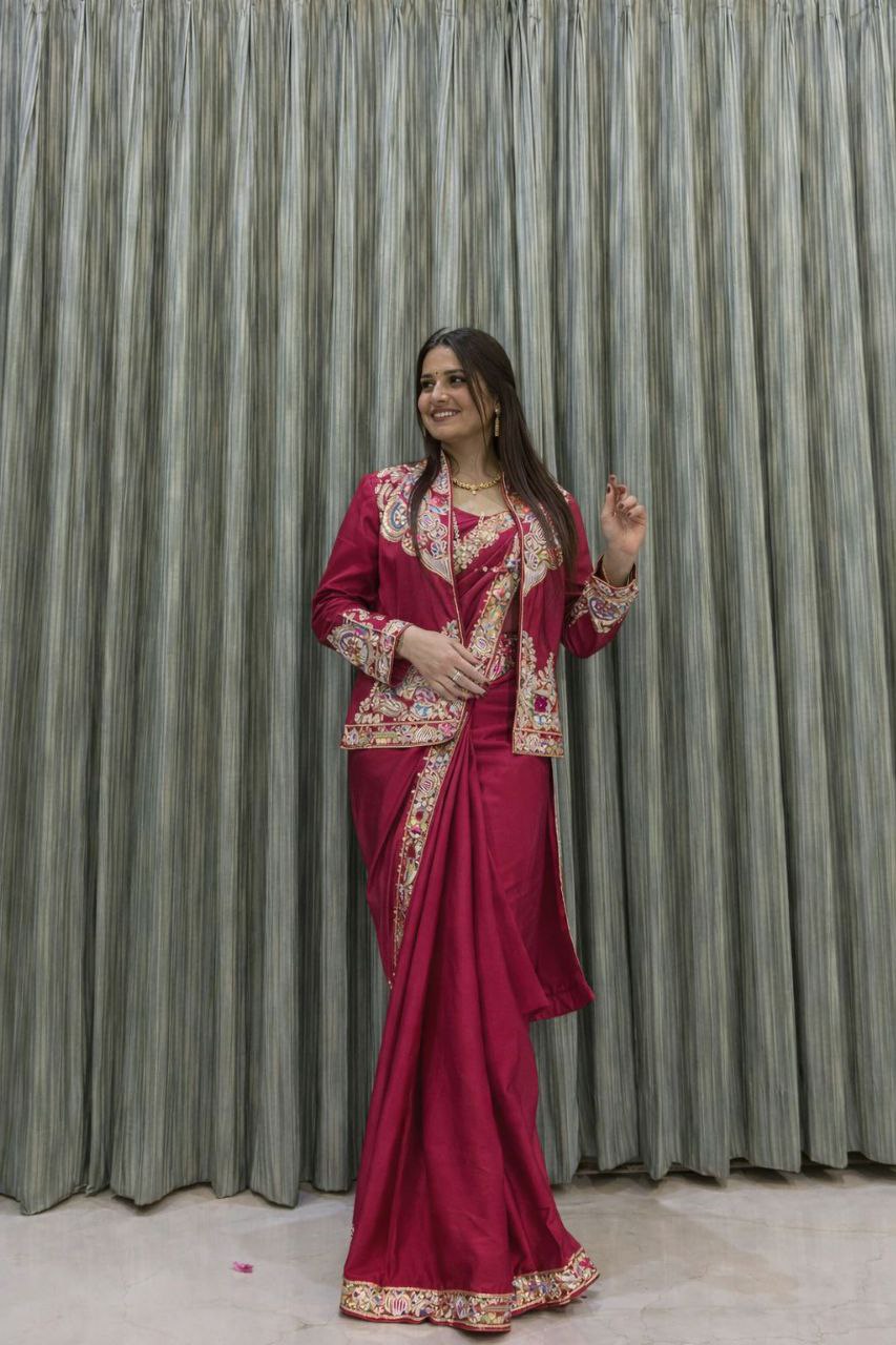 D 47 ❤️ Rani Pink Embroidered Jacket Saree