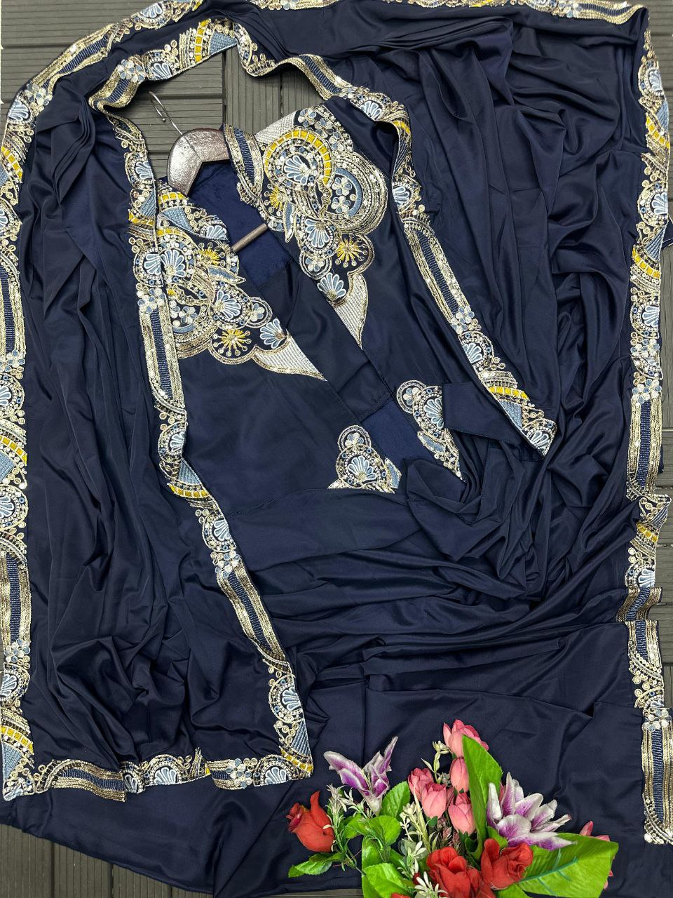 D 44 💙  Navy Blue Embellished Jacket Saree