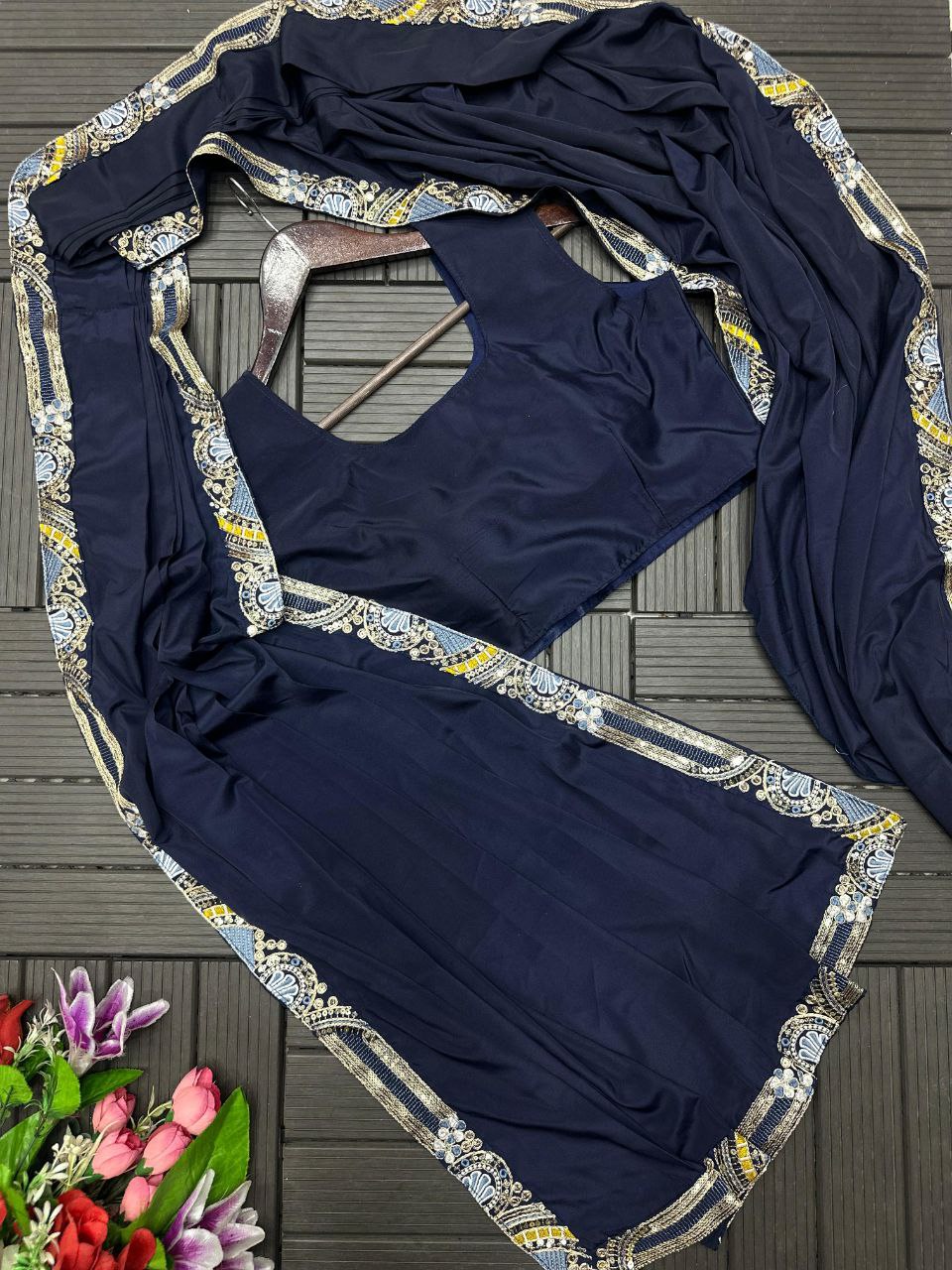 D 44 💙  Navy Blue Embellished Jacket Saree