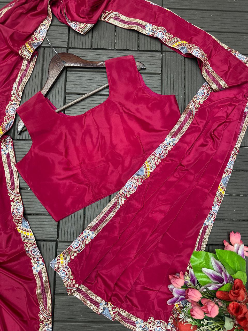 D 47 ❤️ Rani Pink Embroidered Jacket Saree