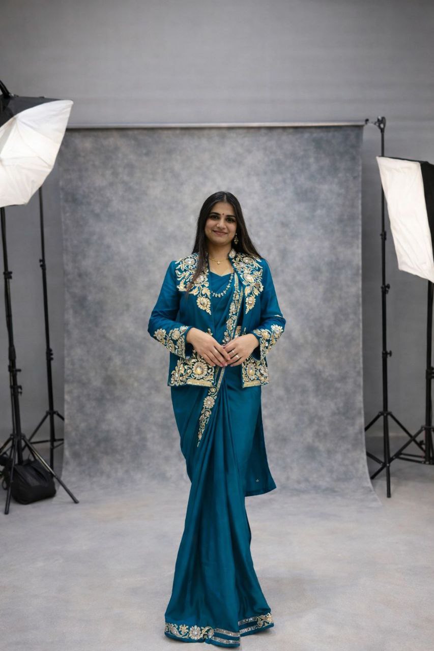 D 45 Teal Blue Designer Jacket Saree
