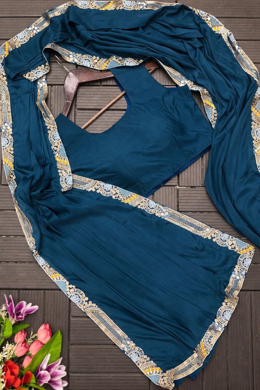 D 45 Teal Blue Designer Jacket Saree