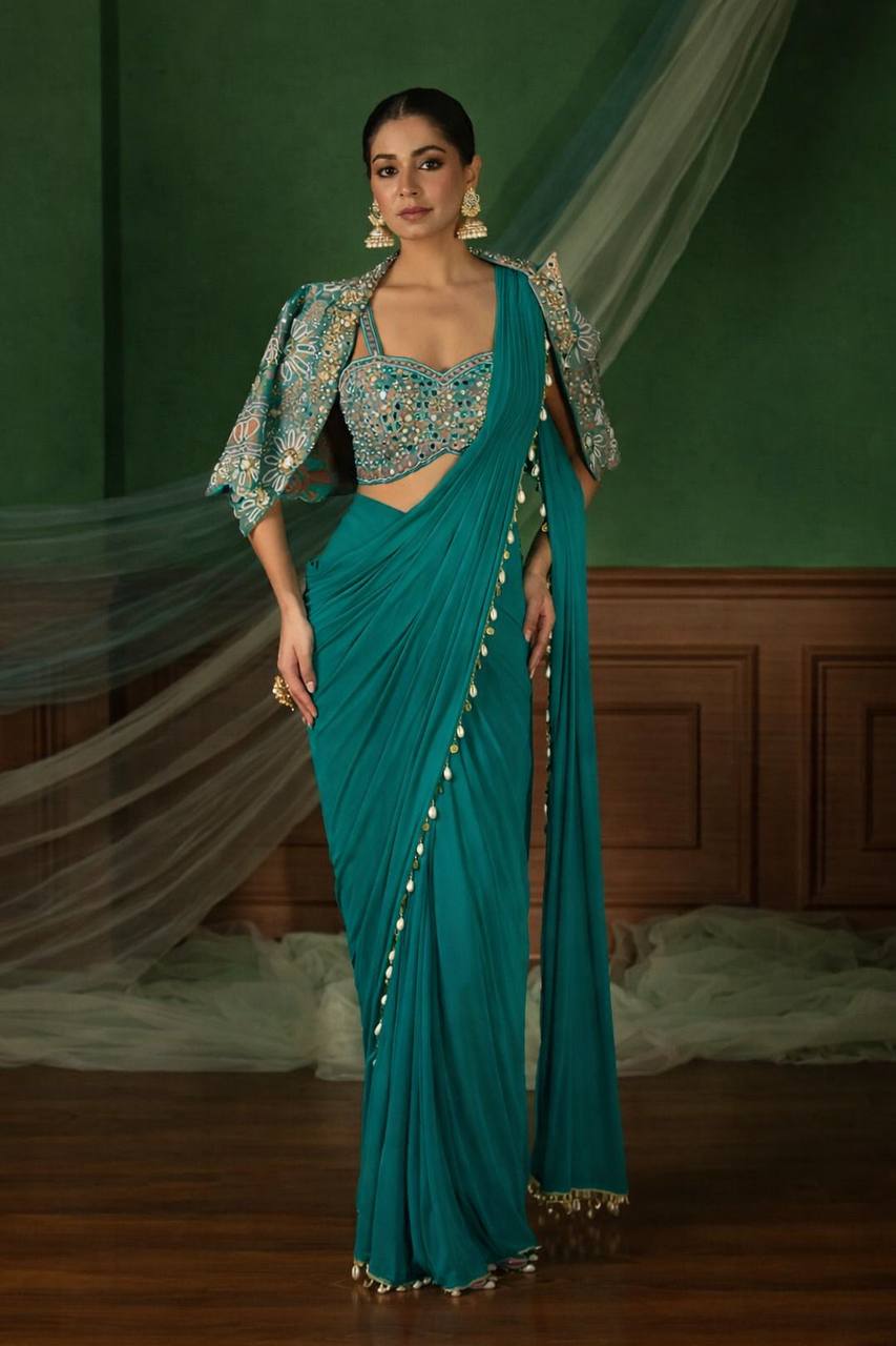 D 26 Teal Green Mirror Work Saree.