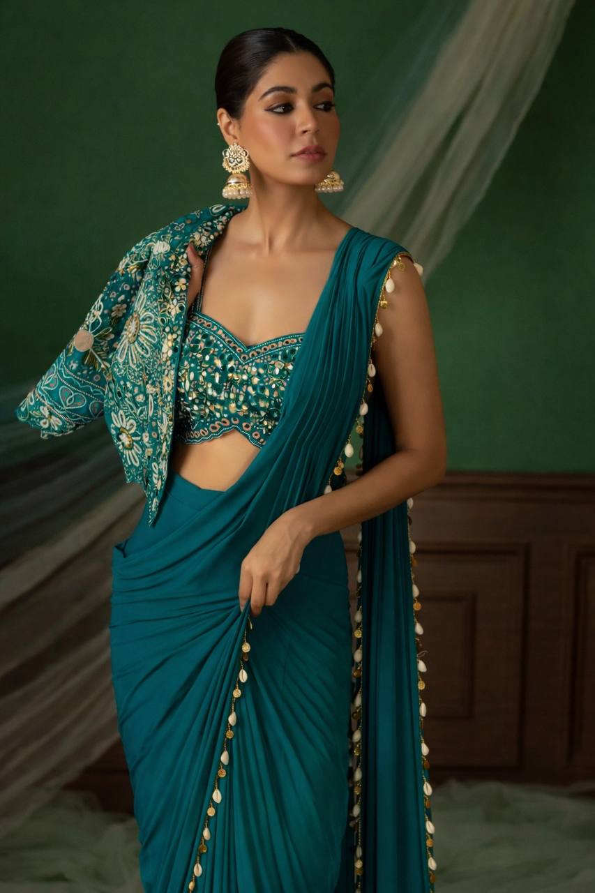 D 26 Teal Green Mirror Work Saree.