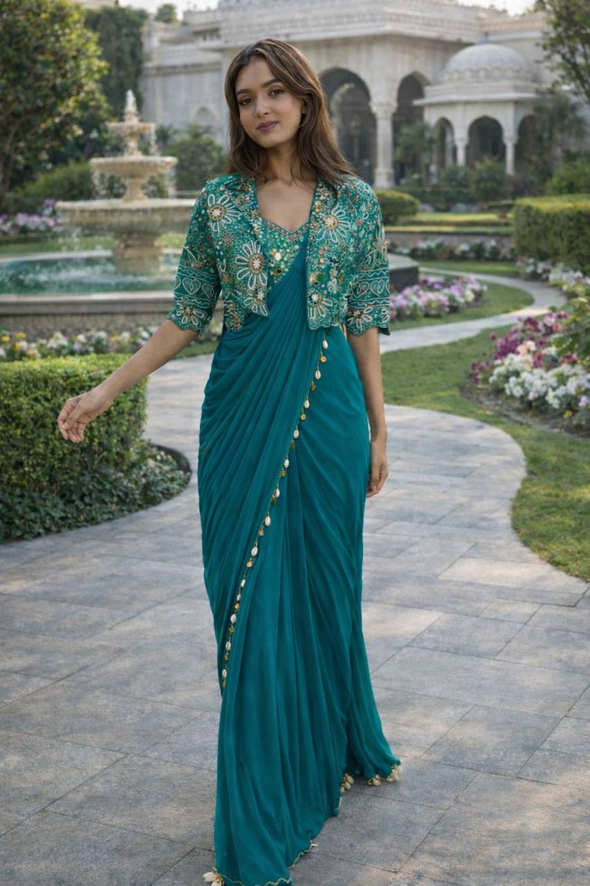 Woman in a teal saree with a matching blouse 