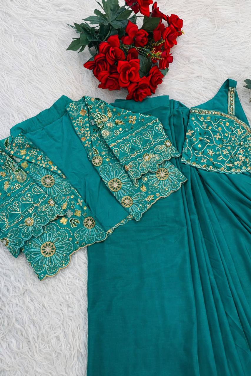 Teal saree with gold embroidery