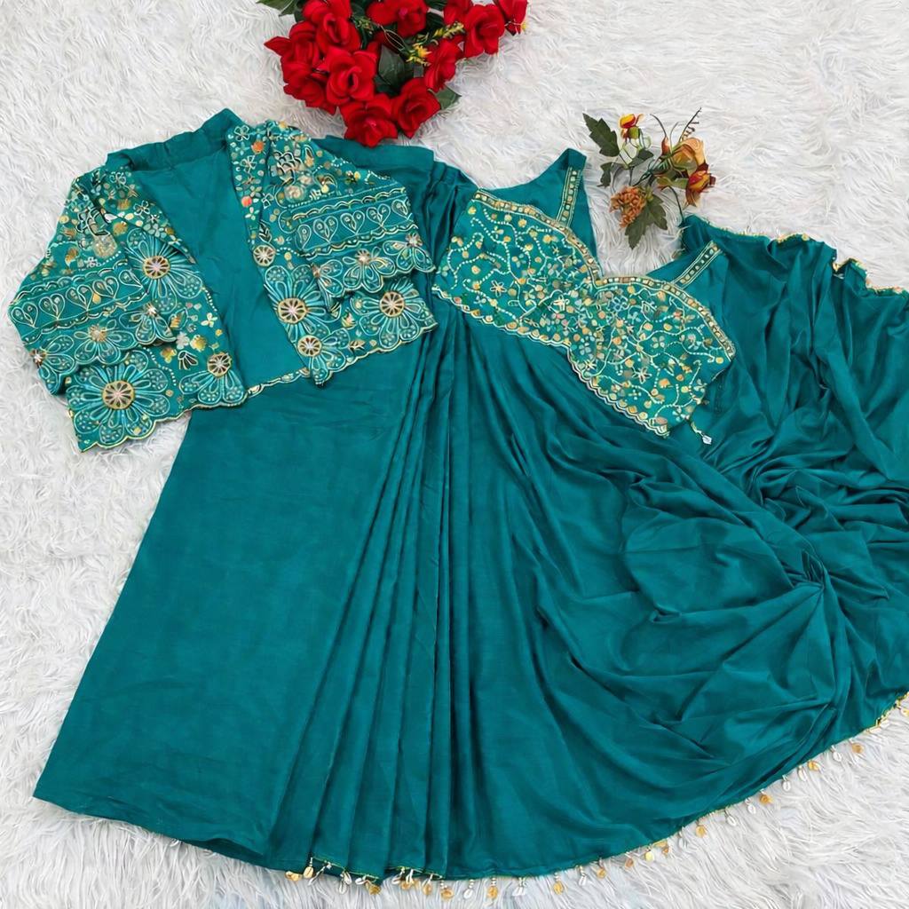 Teal saree with gold embroidery