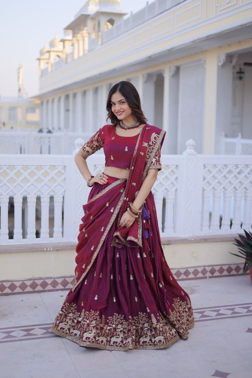 D 17 Elegant Maroon Embroidered Lehenga Choli Set