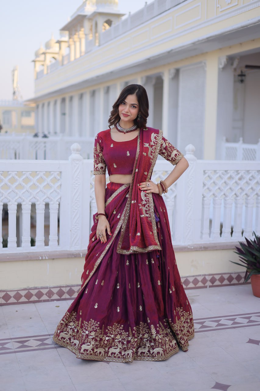 D 17 Elegant Maroon Embroidered Lehenga Choli Set