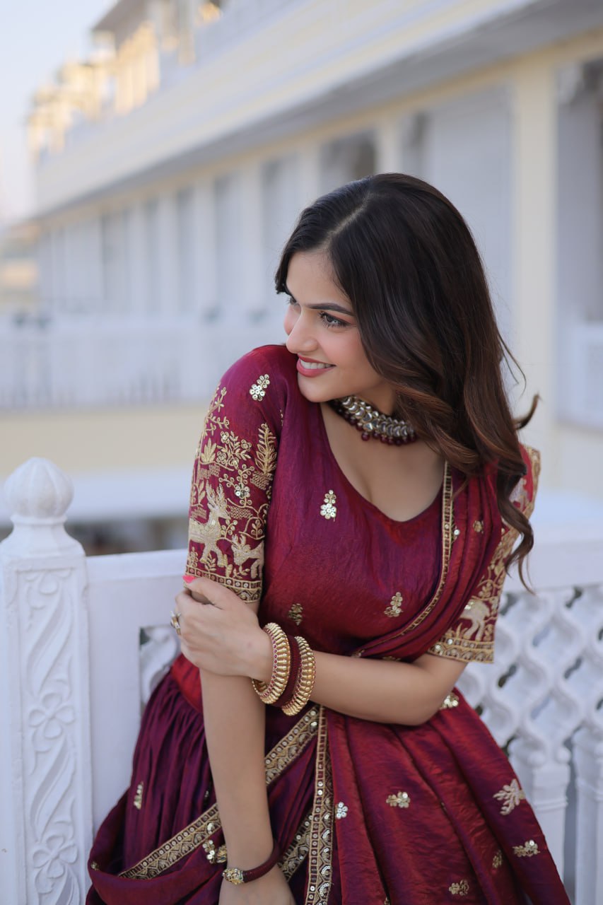 D 17 Elegant Maroon Embroidered Lehenga Choli Set