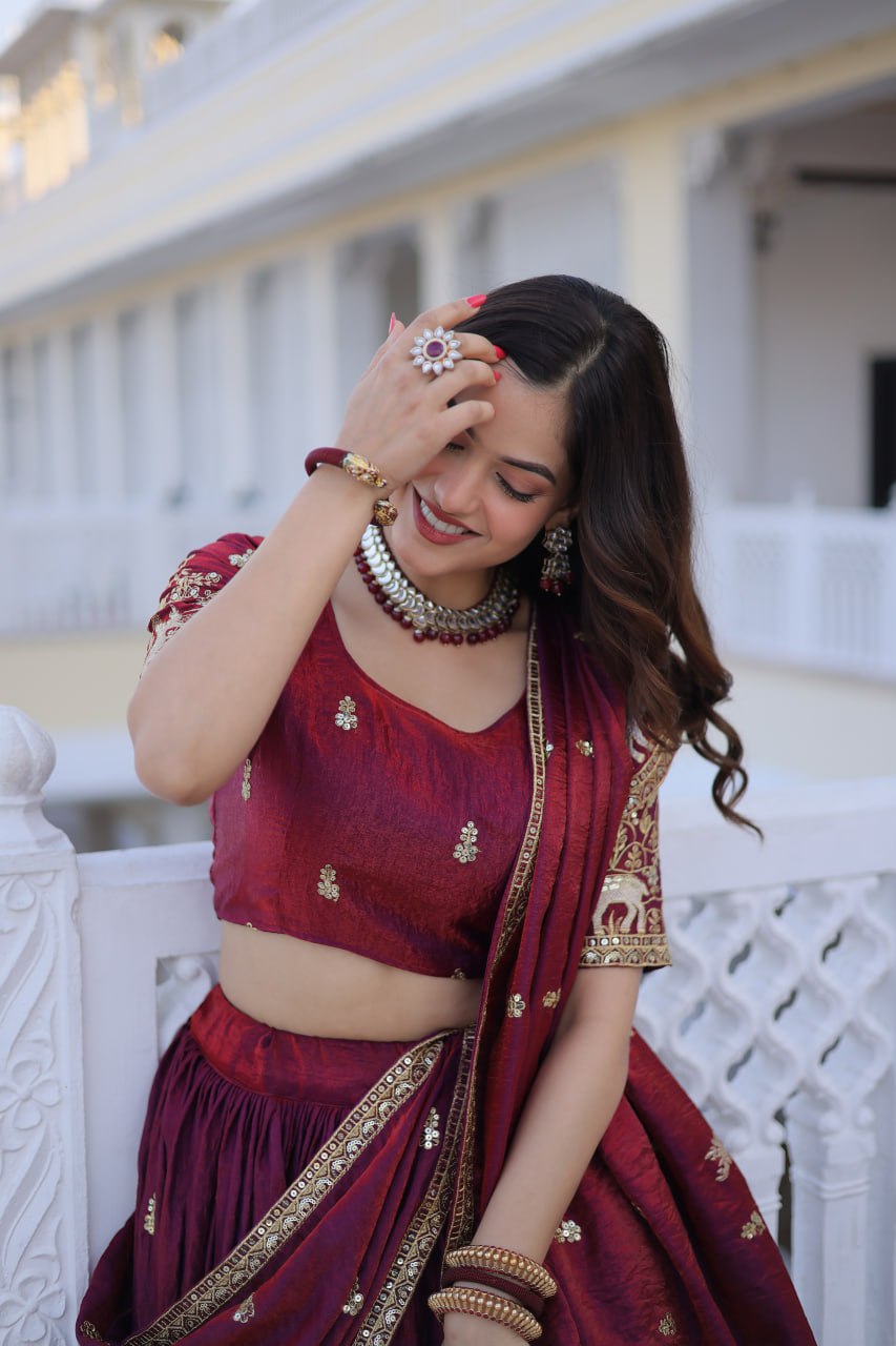 D 17 Elegant Maroon Embroidered Lehenga Choli Set